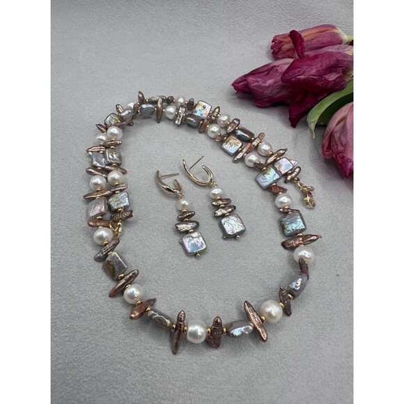 22 Mixed Baroque Pearl Necklace Bracelet Earrings Set Gold Plated - Picture 6 of 16